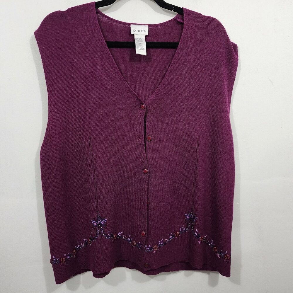 Vintage Koret Grandma Knit Embroidered Beaded Cardigan Vest Plum Purple Size L